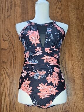 Women's Large Black & Coral Floral One-Piece Mesh Insert Rushed Swimsuit